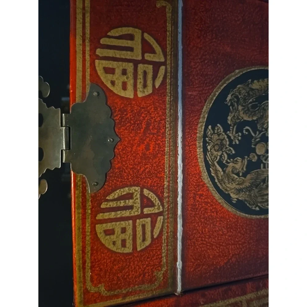 Old‎ Chinese Red lacquerware Wood Dragon Phoenix Flower Drawer Makeup Box